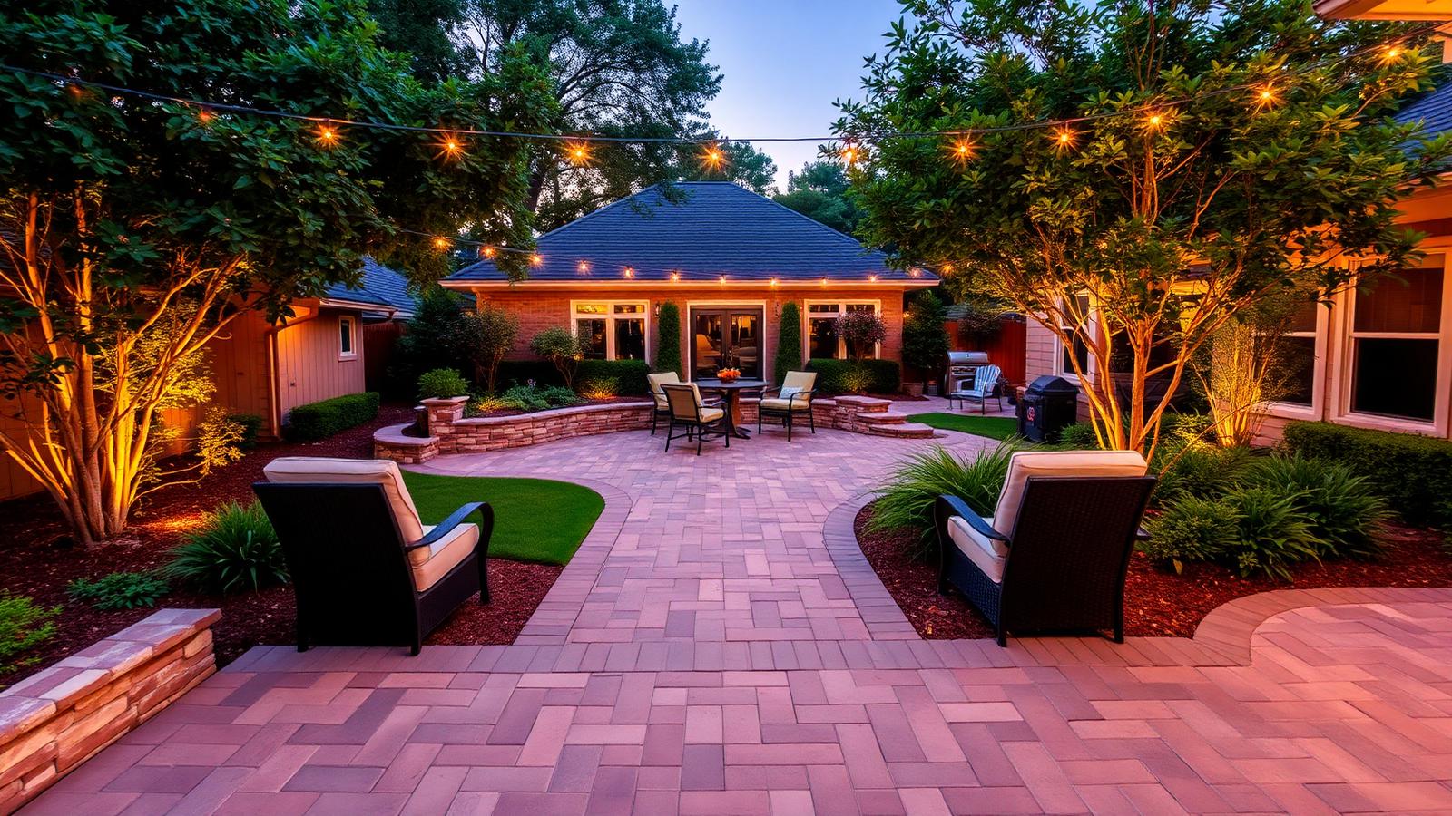 Houston backyard with paver patio and string lights